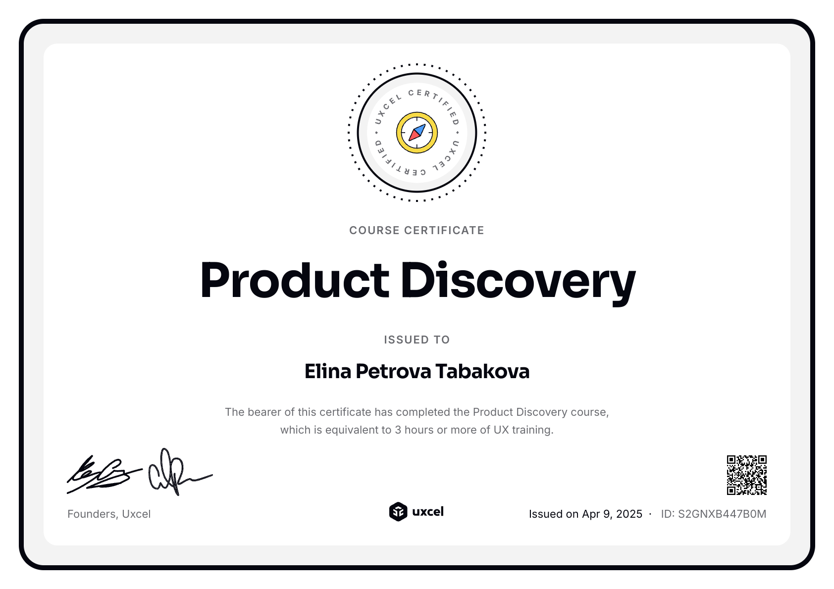 Elina Petrova Tabakova's certificate
